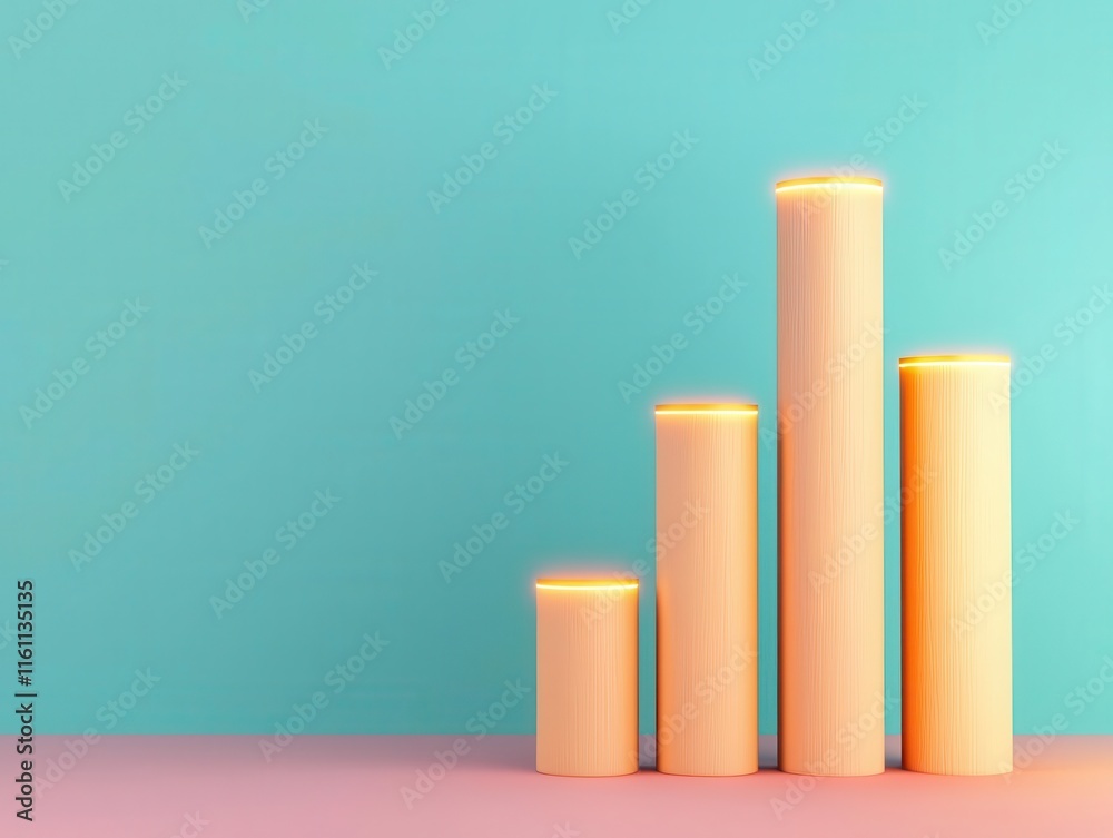 Growing bar graph with futuristic style and shining lights, 3D illustration Growing bar graph with futuristic style and shining lights, 3D illustration