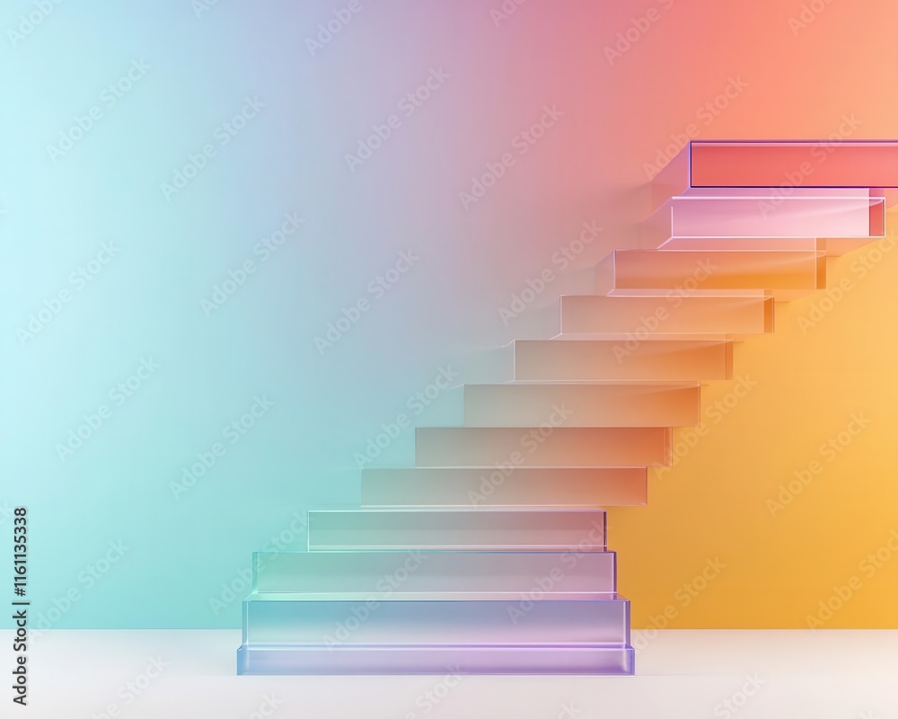 Glass staircase reflecting rainbow light, leading upwards, 3D illustration