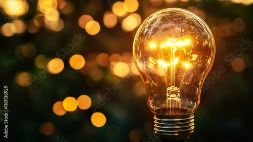 Glowing lightbulb with bokeh background.