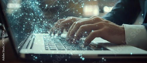  A Businessman Typing on His Laptop with Digital Connections photo