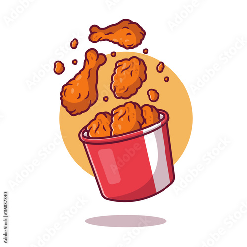 Flying fried chicken with bucket cartoon vector illustration. fast food concept isolated vector.