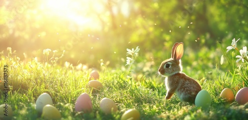 Rabbit among colorful Easter eggs in a sunlit garden during springtime