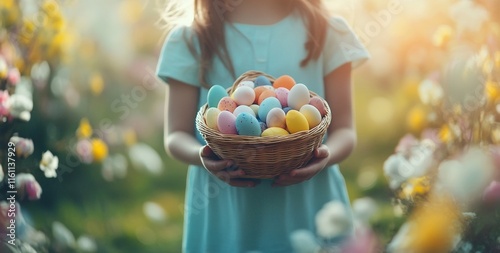 Girl in white dress holds basket of colorful eggs during sunset in a field