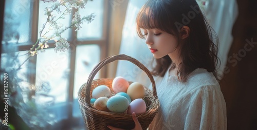 Young girl holds colorful Easter eggs in a basket, smiling warmly against a softly blurred background