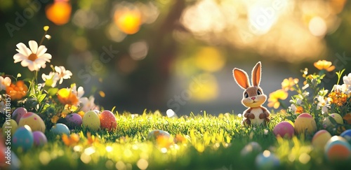 Rabbit among colorful Easter eggs in a sunlit garden during springtime