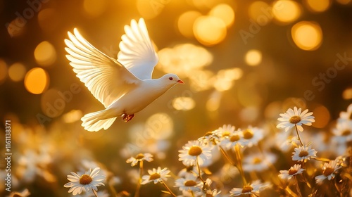 white dove flying in the flower