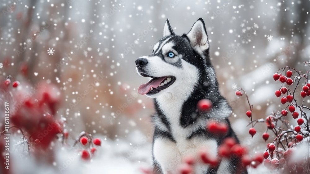 Husky dog in snowy winter forest. Husky dog in snowy winter forest.