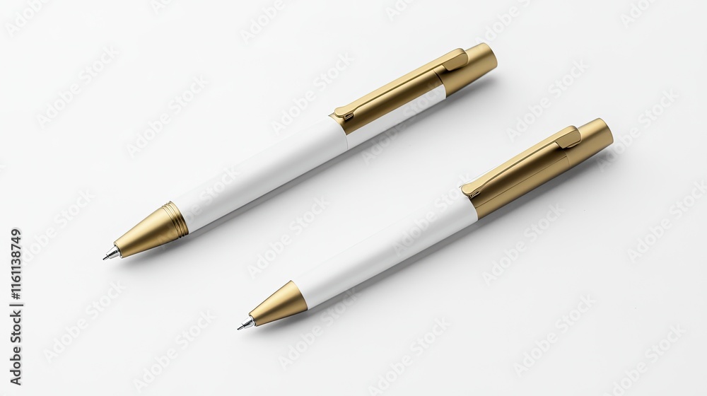 Two elegant white and gold pens on a white background, ideal for branding or stationery mockups. Two elegant white and gold pens on a white background, ideal for branding or stationery mockups.