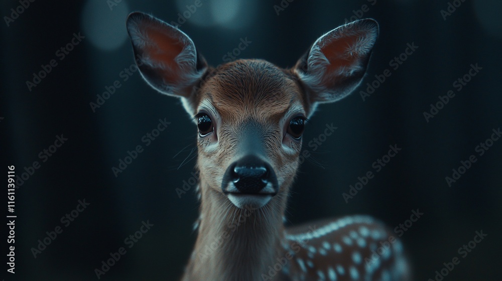 Close-up portrait of a young deer fawn in a dark forest. Close-up portrait of a young deer fawn in a dark forest.