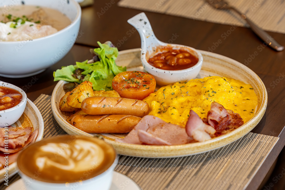 Breakfast with fried eggs and bacon and sausage. Breakfast set at hotel. Hearty Traditional Breakfast Plate with Eggs, Sausage, Bacon, Toast, and Vegetable Salad. Breakfast with fried eggs and bacon and sausage. Breakfast set at hotel. Hearty Traditional Breakfast Plate with Eggs, Sausage, Bacon, Toast, and Vegetable Salad.