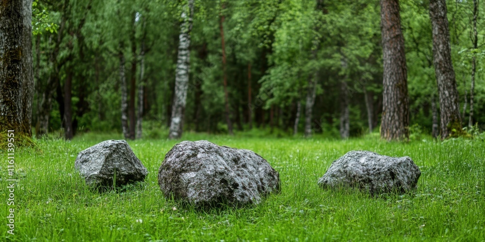 A Serene Forest with Natural Rocks Beautifully Surrounded by Lush Greenery All Around A Serene Forest with Natural Rocks Beautifully Surrounded by Lush Greenery All Around
