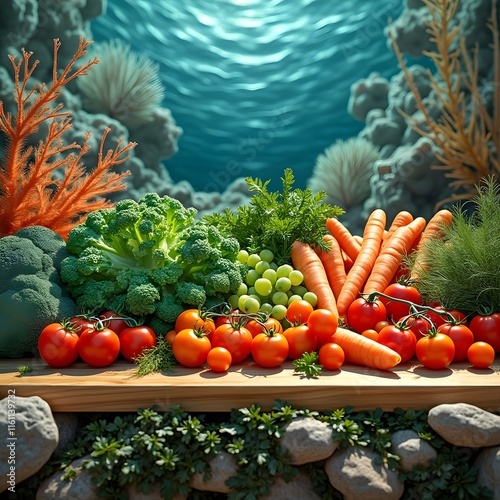 Vibrant Fresh Vegetables, Ocean-Inspired Still Life of Kale, Tomatoes, Carrots & Herbs on Wooden Table photo