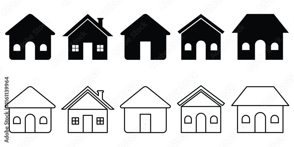 Fototapeta premium House icon with lines and simple design. Black and white house icon with chimney. Real estate house icon. Flat house icon. Abstract house icon set on white background.