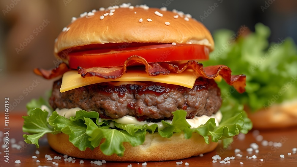 Juicy Beef Patty Burger with Bacon, Cheddar, Tomato, Lettuce & Brioche Bun - Gourmet Fast Food Photography Juicy Beef Patty Burger with Bacon, Cheddar, Tomato, Lettuce & Brioche Bun - Gourmet Fast Food Photography