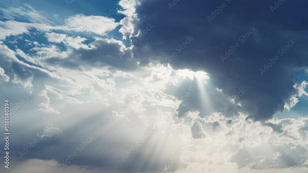Majestic Timelapse Sky with Sunbeams Shining Through Dramatic Clouds