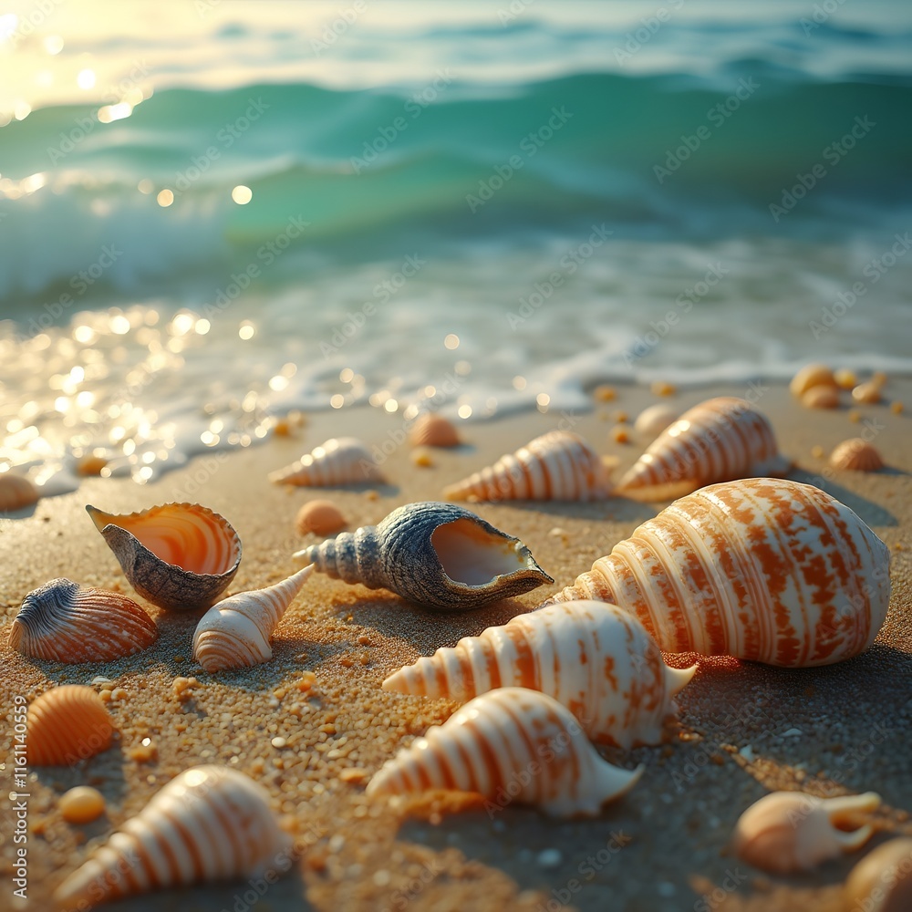 Serene Seashells on Golden Sands, Tranquil Beach Scene with Ocean Waves