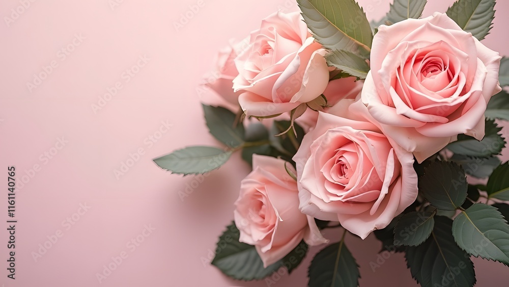 Elegant Delicate Pink Roses Bouquet, Soft Pastel Pink Background, Lush Green Foliage, Minimalist Floral Arrangement Elegant Delicate Pink Roses Bouquet, Soft Pastel Pink Background, Lush Green Foliage, Minimalist Floral Arrangement