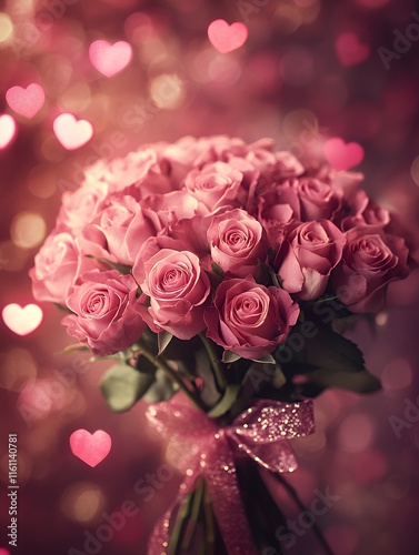 Romantic Bouquet of Pink Roses Surrounded by Heart Shapes Creates a Dreamy Atmosphere for Any Special Occasion