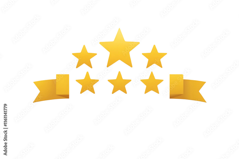 Fototapeta premium Five star rating illustration with ribbon on white background, symbolizing excellence and positive feedback. Yellow five star rating with decorative ribbon review and feedback themes.