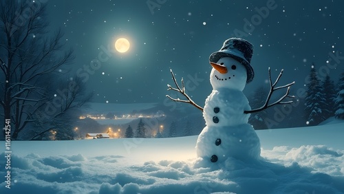 Solitary Snowman in Winter Wonderland, Magical Christmas Eve Moonlight Scene photo