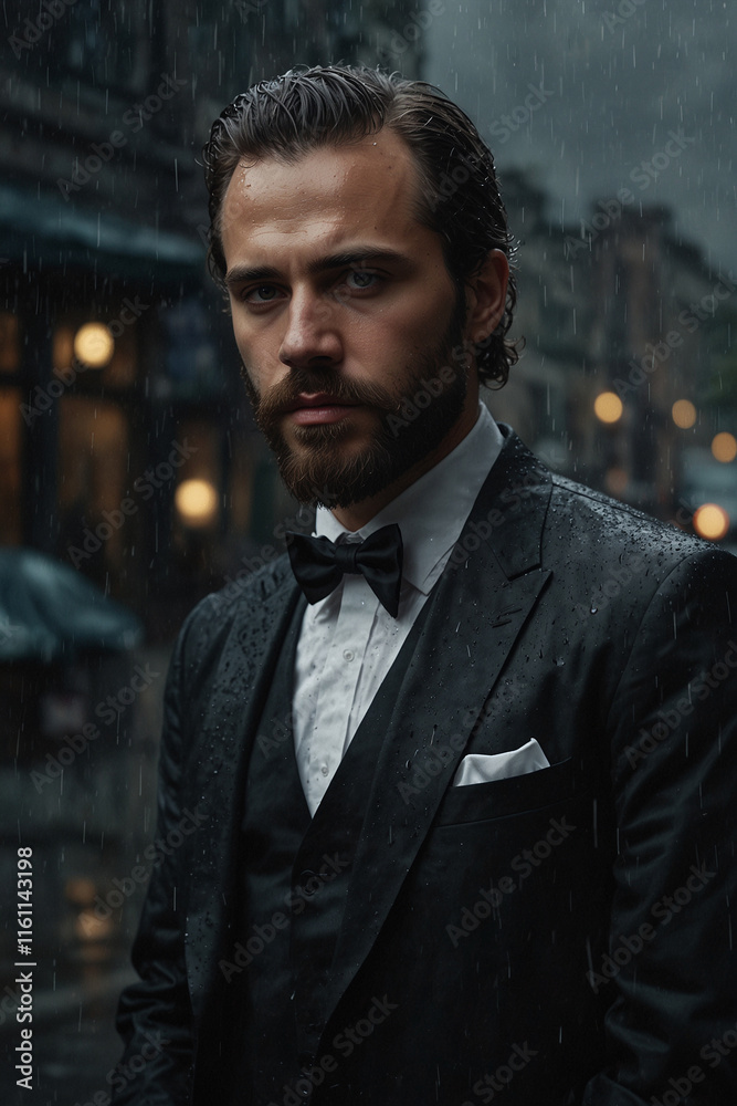 Man in suit in the rain, looking straight ahead. Emotional portrait with dramatic atmosphere. Ideal for illustrations, films and projects with strong character Man in suit in the rain, looking straight ahead. Emotional portrait with dramatic atmosphere. Ideal for illustrations, films and projects with strong character
