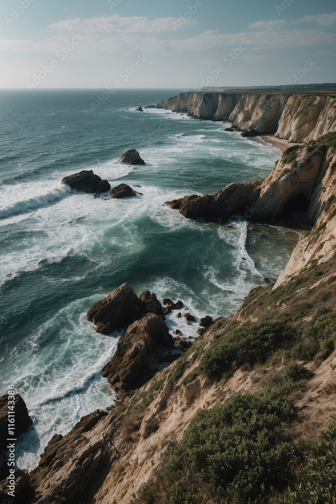 Scenic view of rocky coastline and beach from above. Sea waves crashing on rocks creating dynamic landscape. Ideal for backgrounds, travel and seascape projects Scenic view of rocky coastline and beach from above. Sea waves crashing on rocks creating dynamic landscape. Ideal for backgrounds, travel and seascape projects