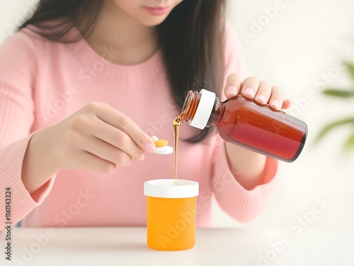 healthcare, people and medicine concept - woman pouring medication or antipyretic syrup from bottle to cup photo