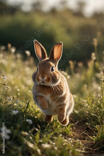 Cute bunny jumping in the grass. Adorable animal portrait in nature. Perfect for children's projects, cards and illustrations. Natural light and warm atmosphere photo