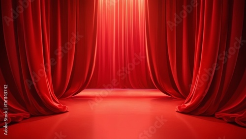 Red velvet theater curtains frame the stage, ready for a theatrical performance. photo