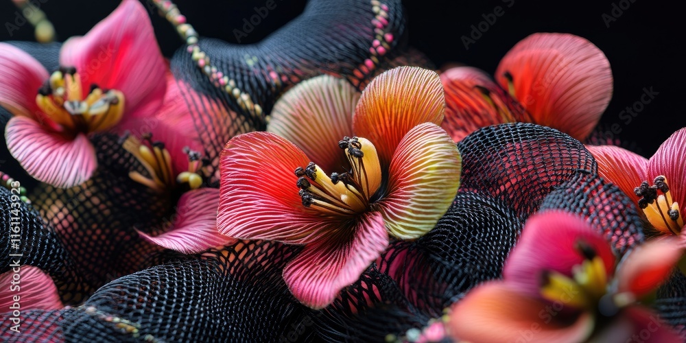 Fototapeta premium Red Flowers Entwined in Black Mesh Netting