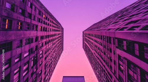 Low angle view of two tall buildings against a vibrant purple sunset sky.