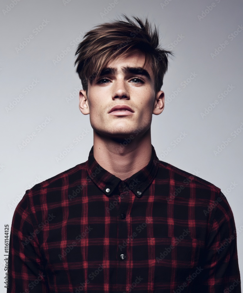 Stylish male model posing in plaid shirt, highlighting contemporary haircut with confident demeanor during professional photoshoot Stylish male model posing in plaid shirt, highlighting contemporary haircut with confident demeanor during professional photoshoot