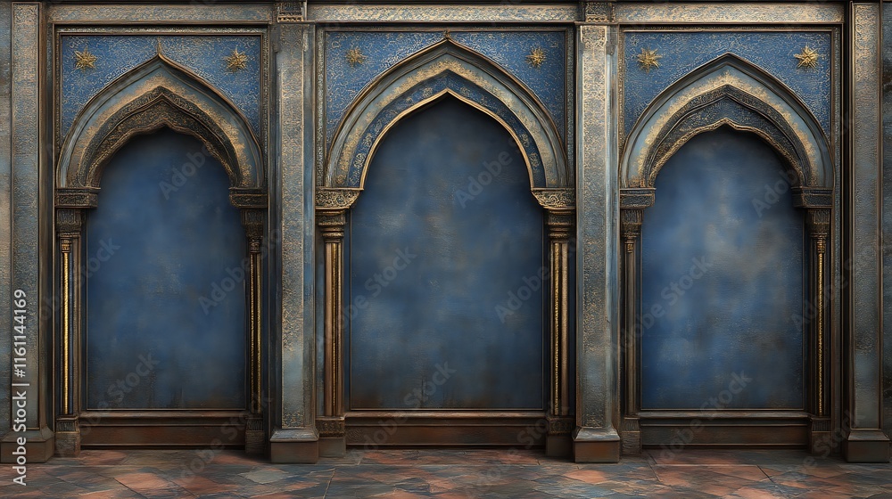 Naklejka premium Ornate Blue And Gold Archway Wall Paneling