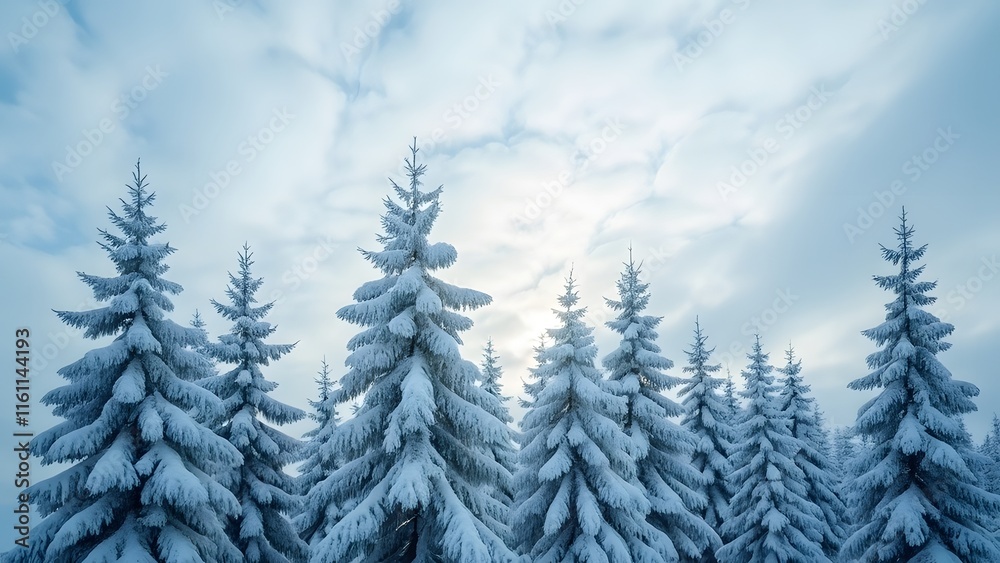Soft Focus Snow Covered Fir Trees Winter Wonderland Scene - Pale Blue Sky and Wispy Clouds Soft Focus Snow Covered Fir Trees Winter Wonderland Scene - Pale Blue Sky and Wispy Clouds