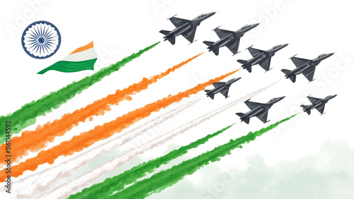 Indian Republic Day Flypast with Tricolor Trails and Ashoka Chakra isolated on white background as transparent. PNG.AI GENERATED