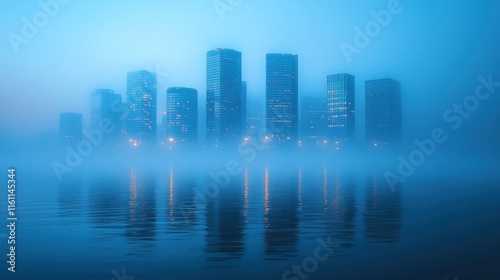 A misty city skyline reflected in water, creating a serene and mysterious atmosphere.