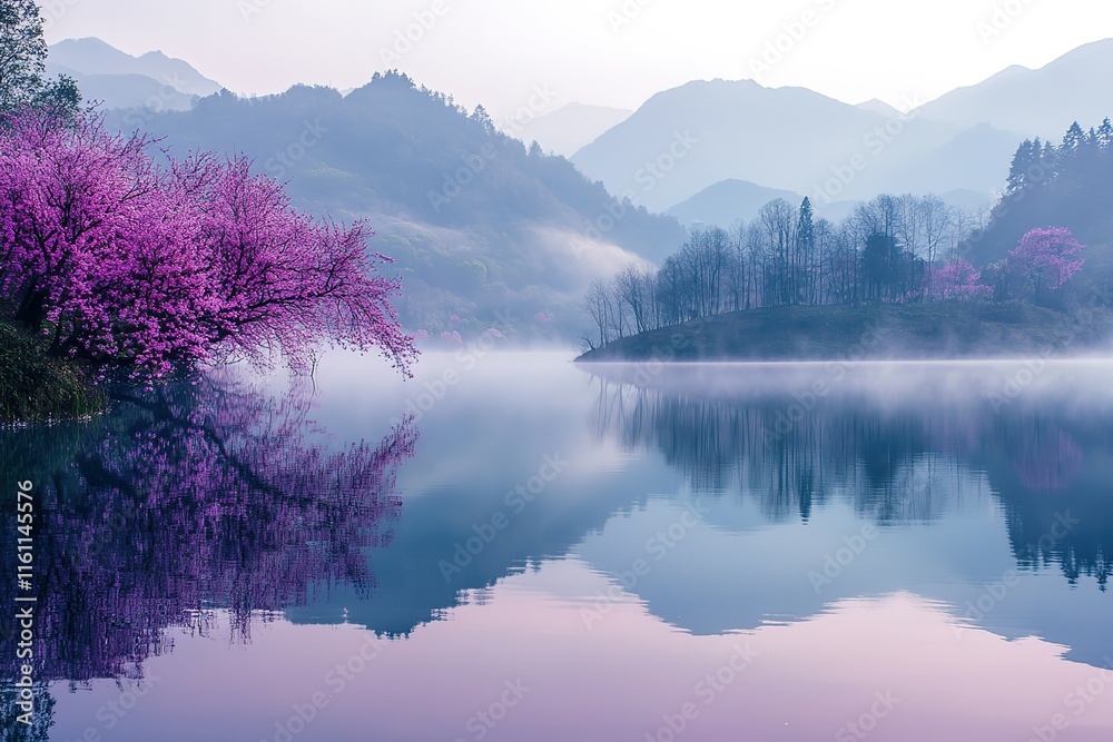 Obraz premium Serene lake reflecting misty mountains and blossoming tree.