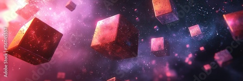 Surreal digital landscape with levitating cubes and vibrant abstract paint splatters, dynamic colors, imaginative composition, dreamlike atmosphere