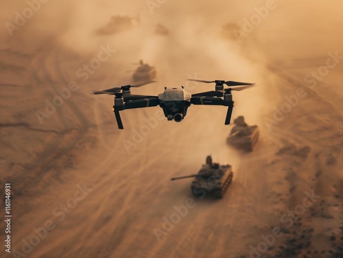 Drone flying over a battlefield, with tanks in the background photo