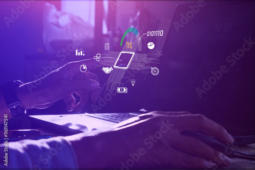 Quantum Technology Concept, Man Using Quantum Technology Chip to Process DATA, . Future Technology