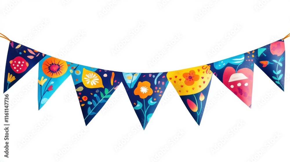 Obraz premium Colorful floral bunting flags hang against a dark background, adding a festive and cheerful touch to any celebration.