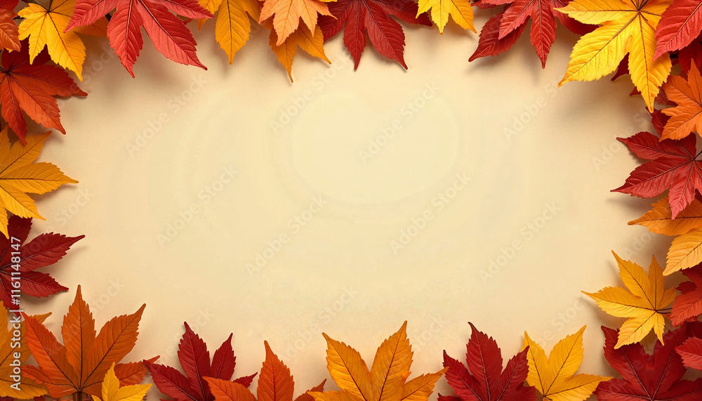 Autumn leaves arranged in a decorative border on a soft beige background with ample copy space Autumn leaves arranged in a decorative border on a soft beige background with ample copy space