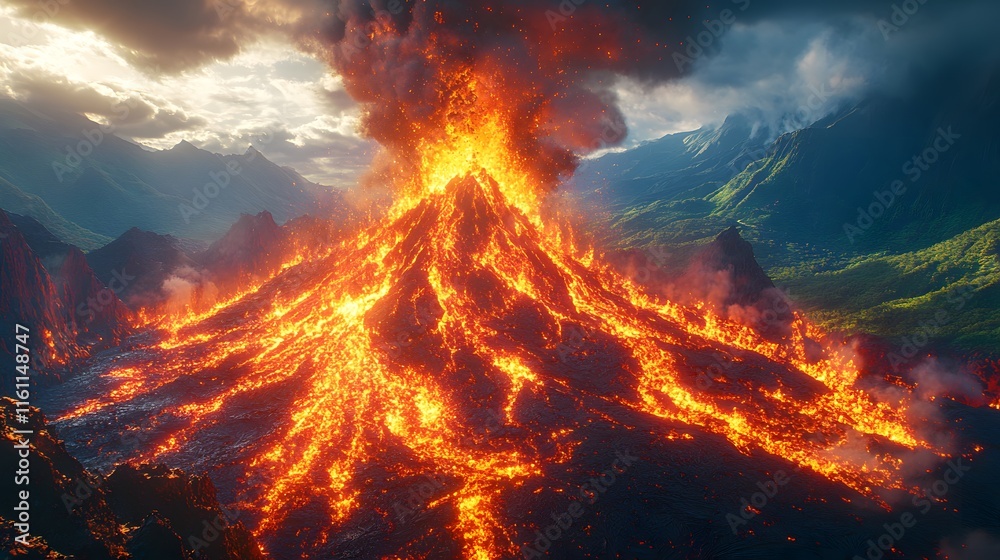 The Dramatic Eruption of a Volcano Transforming Peaceful Valleys into a Fiery Landscape The Dramatic Eruption of a Volcano Transforming Peaceful Valleys into a Fiery Landscape