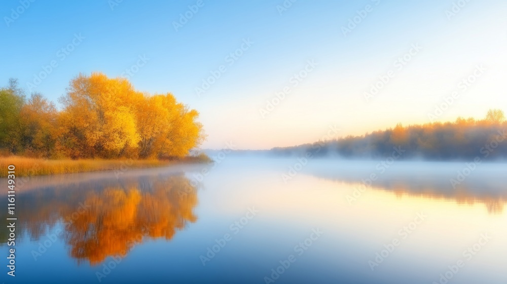 Golden Autumn Reflection on Calm Lake at Sunrise. Golden Autumn Reflection on Calm Lake at Sunrise.