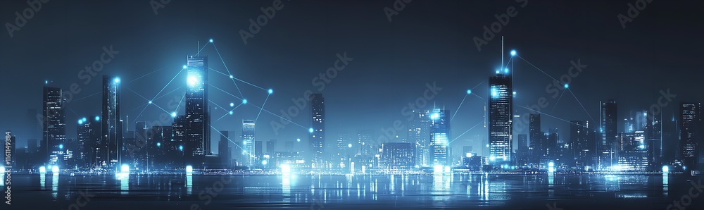 A City Skyline at Night with Glowing Blue Connections Linking Buildings