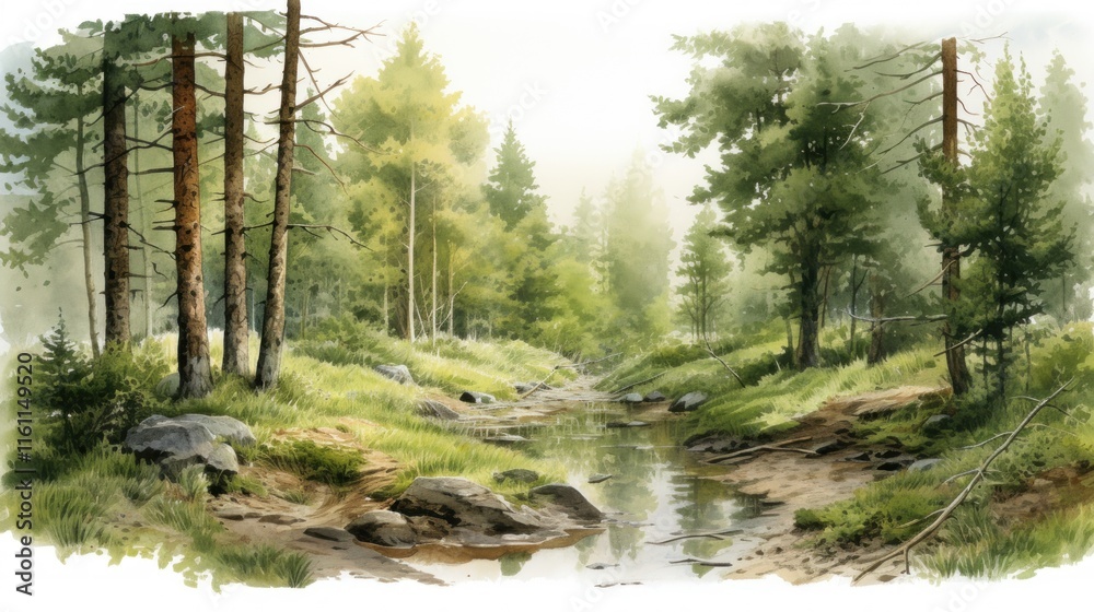 Fototapeta premium Serene Forest Stream: A Watercolor Landscape