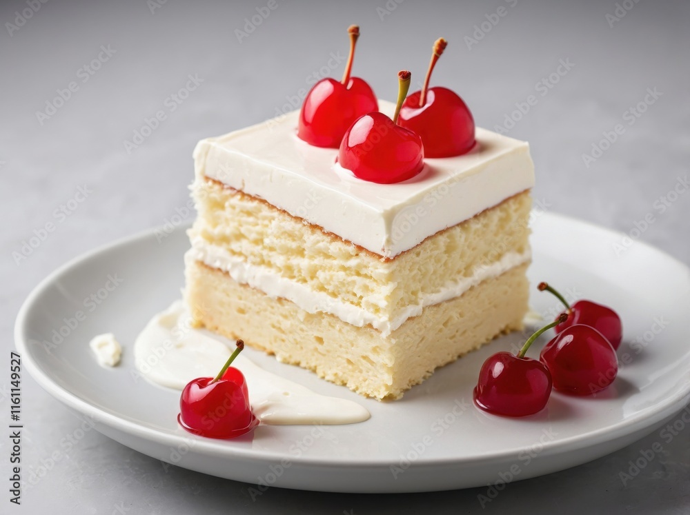 A clean, top-down view of a single slice of Tres Leches Cake placed neatly on a matte white ceramic plate. A clean, top-down view of a single slice of Tres Leches Cake placed neatly on a matte white ceramic plate.