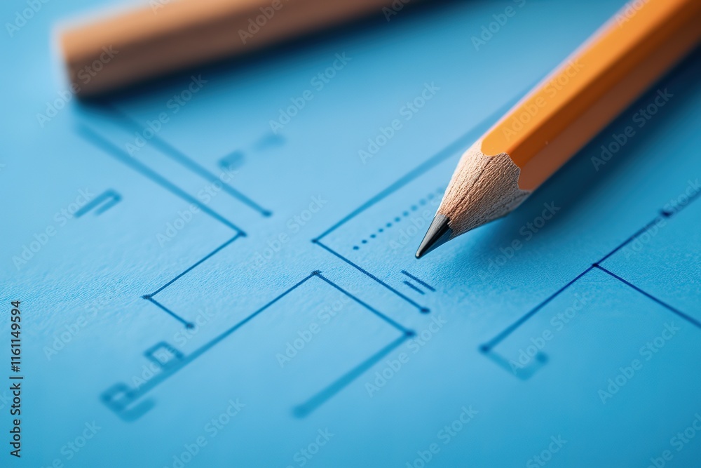 Pencil on a blue flowchart; planning and design concept. Pencil on a blue flowchart; planning and design concept.