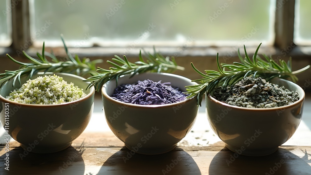 Serene Herbal Still Life, Chamomile, Lavender, Sage, and Rosemary in Rustic Bowls, Soft Morning Light Serene Herbal Still Life, Chamomile, Lavender, Sage, and Rosemary in Rustic Bowls, Soft Morning Light