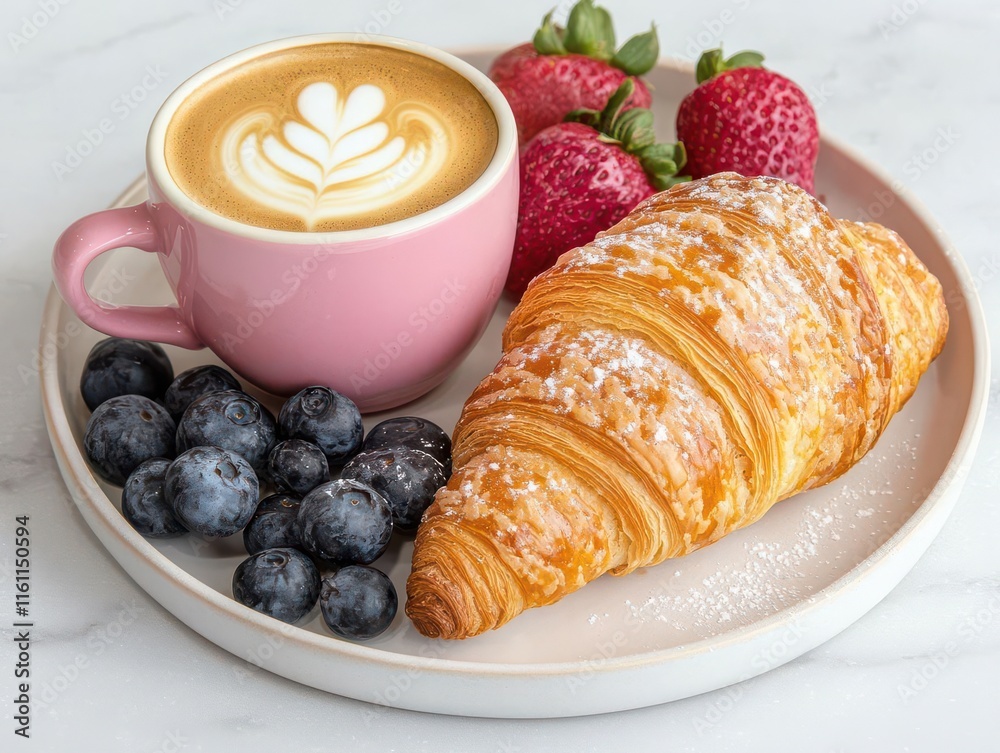 coffee and bakery concept. Coffee and bakery breakfast tray, featuring cappuccino, croissant, and fresh fruit, styled for morning vibes, Breakfast tray with coffee, Bright and inviting